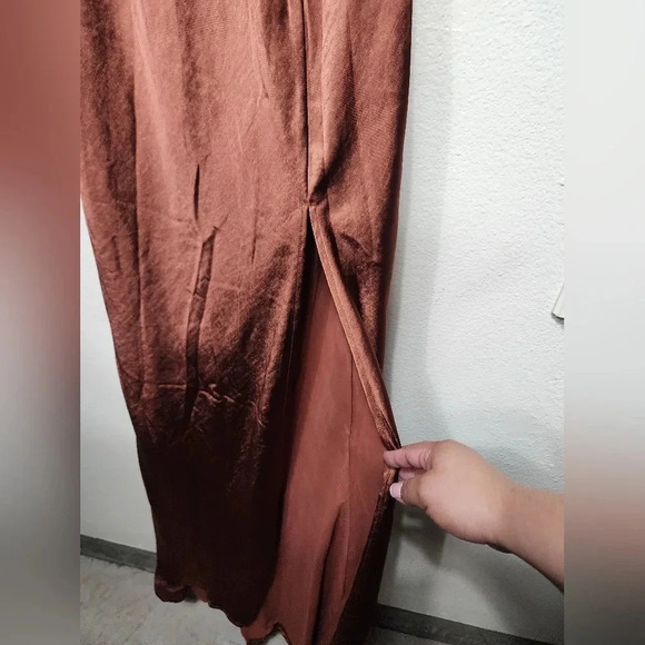 Lulu's Start of Forever Brown Satin Halter Mermaid Maxi Dress Wedding Party - Picture 9 of 12